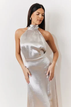 Liquid Satin Halterneck Split Detail Maxi Dress|In The Style Hot