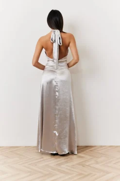Liquid Satin Halterneck Split Detail Maxi Dress|In The Style Hot