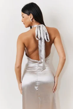 Liquid Satin Halterneck Split Detail Maxi Dress|In The Style Hot
