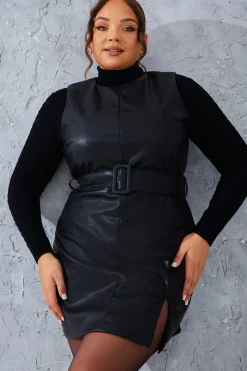 Sleeveless Belted Leather Look Dress|In the Style Sale