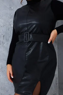 Sleeveless Belted Leather Look Dress|In the Style Sale