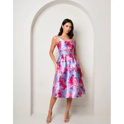 Sleeveless Floral Fit and Flare Midi Dress in Blue|CHI CHI LONDON Hot