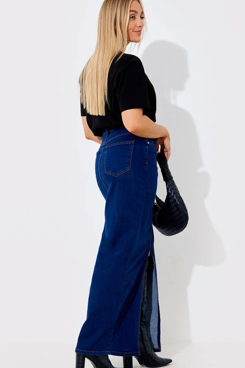 Split Detail Denim Maxi Skirt|In The Style Discount