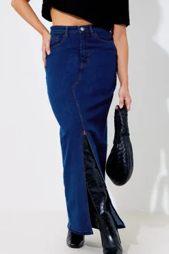 Split Detail Denim Maxi Skirt|In The Style Discount