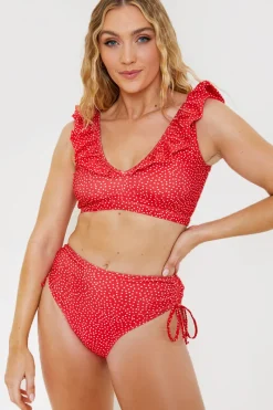 Spot Print High Waisted Bikini Bottoms With Ruched Sides|In the Style Outlet
