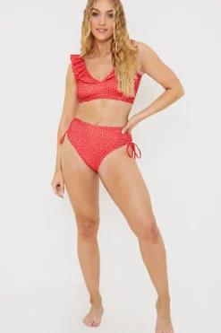 Spot Print High Waisted Bikini Bottoms With Ruched Sides|In the Style Outlet