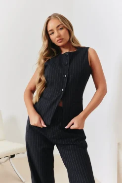 Tailored Pinstripe Round Neck Button Through Co-ord Waistcoat|In the Style Clearance