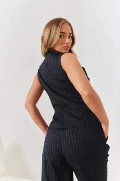 Tailored Pinstripe Round Neck Button Through Co-ord Waistcoat|In the Style Clearance