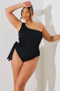 Textured Cut Out Side Detail One Shoulder Swimsuit|In the Style Best