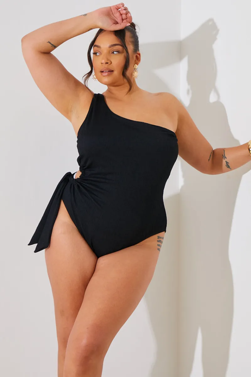 Textured Cut Out Side Detail One Shoulder Swimsuit|In the Style Best