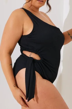 Textured Cut Out Side Detail One Shoulder Swimsuit|In the Style Best
