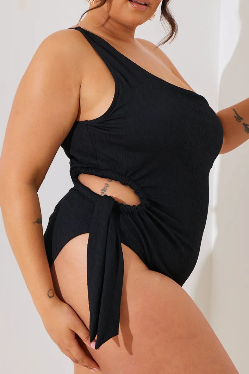 Textured Cut Out Side Detail One Shoulder Swimsuit|In the Style Best