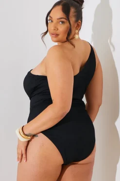 Textured Cut Out Side Detail One Shoulder Swimsuit|In the Style Best