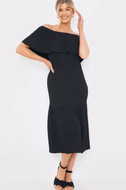 Textured Frill Bardot Midi Dress|In the Style Sale