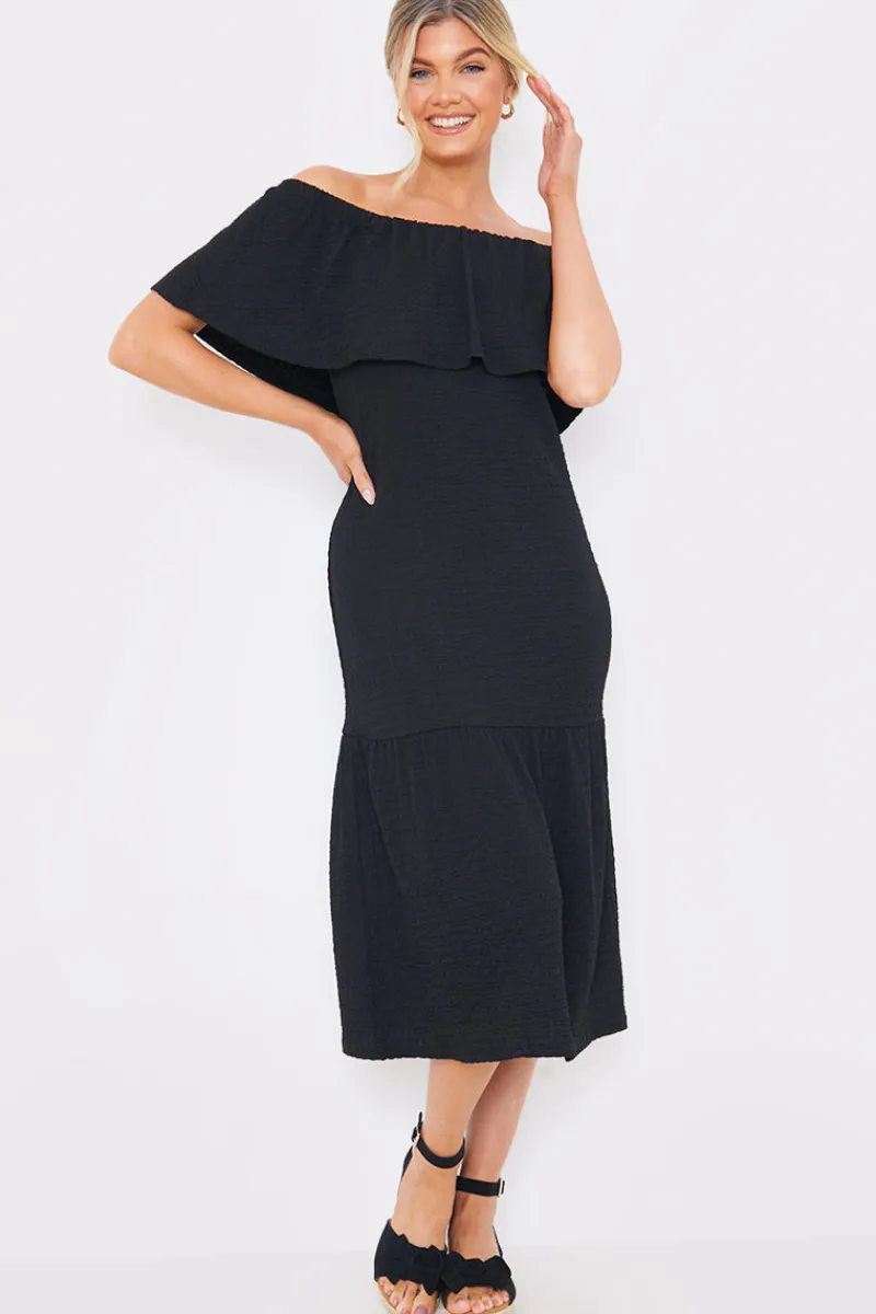 Textured Frill Bardot Midi Dress|In the Style Sale