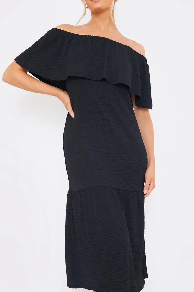 Textured Frill Bardot Midi Dress|In the Style Sale