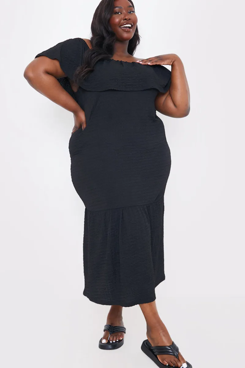 Textured Frill Bardot Midi Dress|In the Style Sale