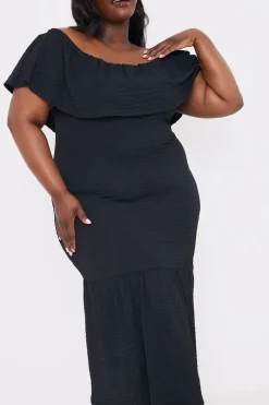 Textured Frill Bardot Midi Dress|In the Style Sale