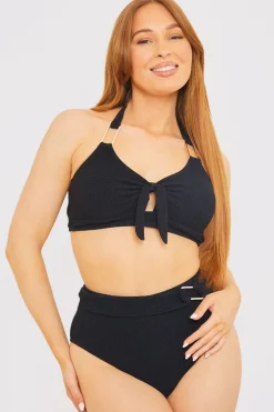 Textured Gold Bar Detail Halter Neck Bikini Top|In the Style Outlet