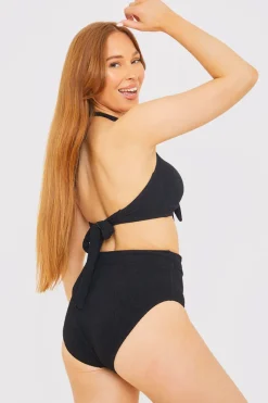 Textured Gold Bar Detail Halter Neck Bikini Top|In the Style Outlet