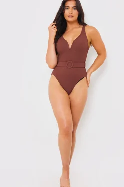 Textured Sweetheart Neckline Belted Swimsuit|In the Style Outlet