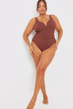 Textured Sweetheart Neckline Belted Swimsuit|In the Style Outlet