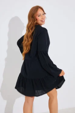 Trim Detail Tiered Long Sleeve Smock Dress|In the Style Best