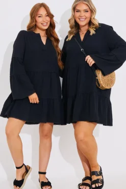 Trim Detail Tiered Long Sleeve Smock Dress|In the Style Best
