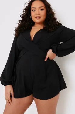 Twist Front Balloon Sleeve Playsuit|In the Style Clearance