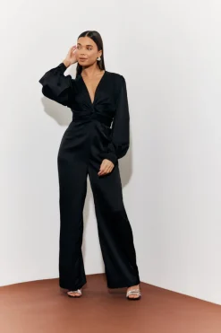 Twist Front Detail Wide Leg Satin Jumpsuit|In the Style Outlet