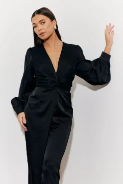 Twist Front Detail Wide Leg Satin Jumpsuit|In the Style Outlet