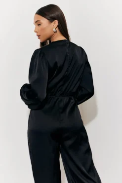 Twist Front Detail Wide Leg Satin Jumpsuit|In the Style Outlet