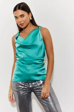 Twisted Detail Cowl Neck Satin Top|In The Style Online