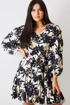 V Neck Balloon Sleeve Godet Mini Dress|In the Style Clearance