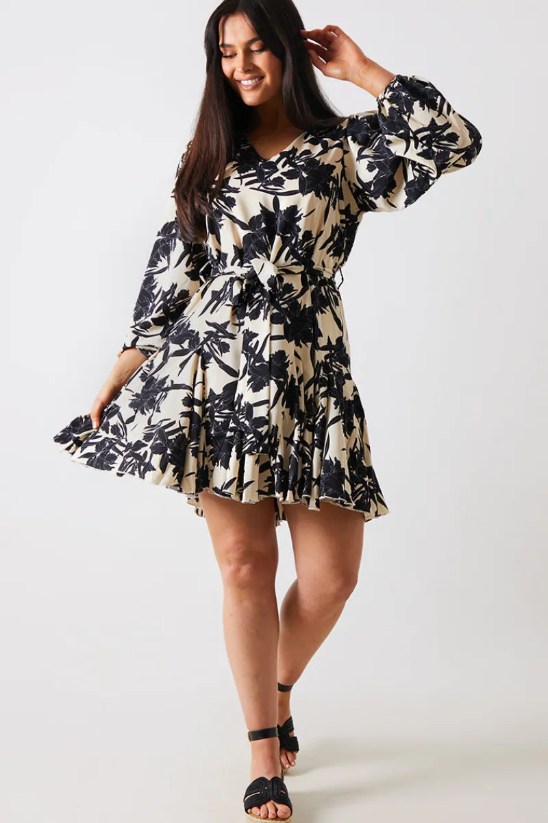 V Neck Balloon Sleeve Godet Mini Dress|In the Style Clearance