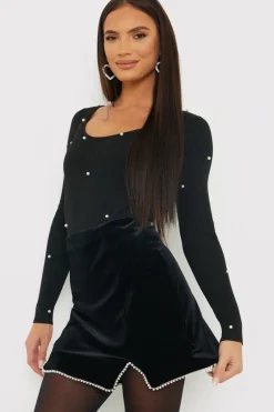 Velvet Faux Pearl Mini Skirt|In the Style Hot