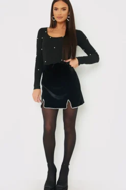 Velvet Faux Pearl Mini Skirt|In the Style Hot