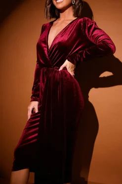 Velvet Wrap Front Drape Midi Dress|In the Style Clearance