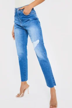 Washed Ripped High Waisted Stretch Mom Jeans|In the Style Best