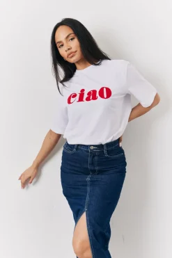 White Embroidered Ciao Slogan T-Shirt|In The Style Outlet