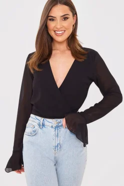 Wrap Front Flared Cuff Bodysuit|In the Style Sale