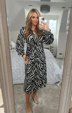 Zebra Woven Printed Wrap Midi Dress|In the Style Outlet