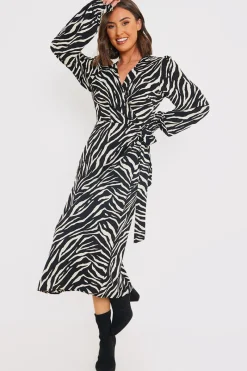 Zebra Woven Printed Wrap Midi Dress|In the Style Outlet